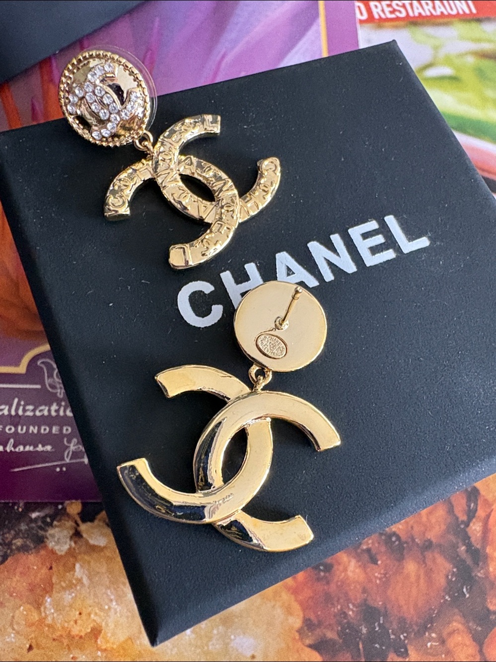 CHANEL Gold CC Drop Earrings with Crystal Accents - Gold - Picture 3 of 8